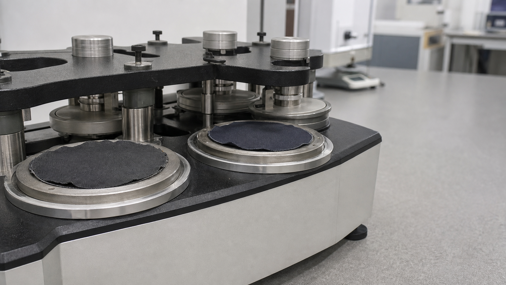Machine d’essai d’abrasion Martindale &eacute;valuant la durabilit&eacute; des tissus techniques tiss&eacute;s